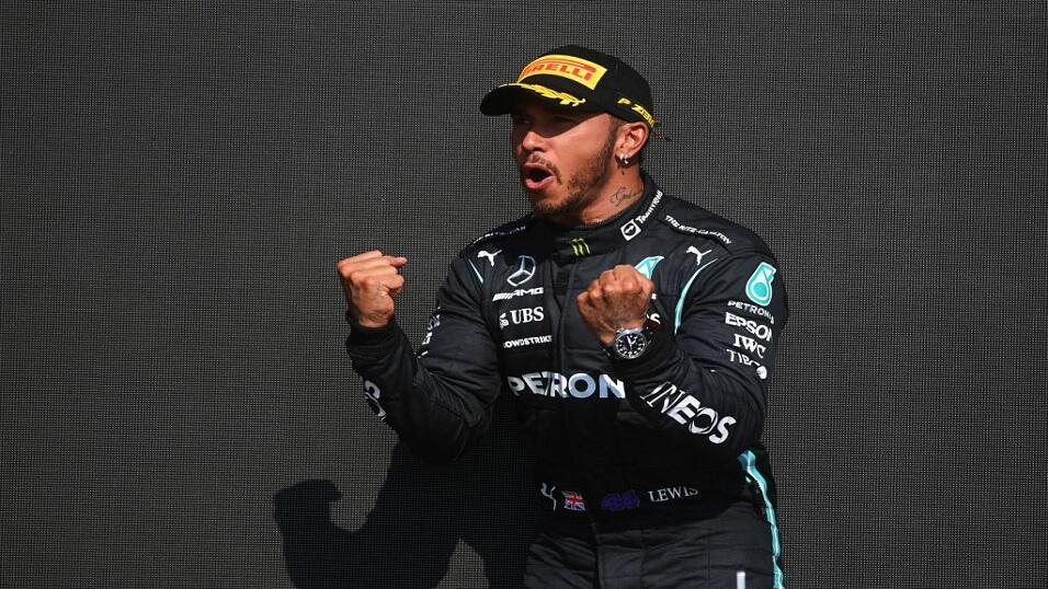 Lewis Hamilton celebrates Grand Prix win